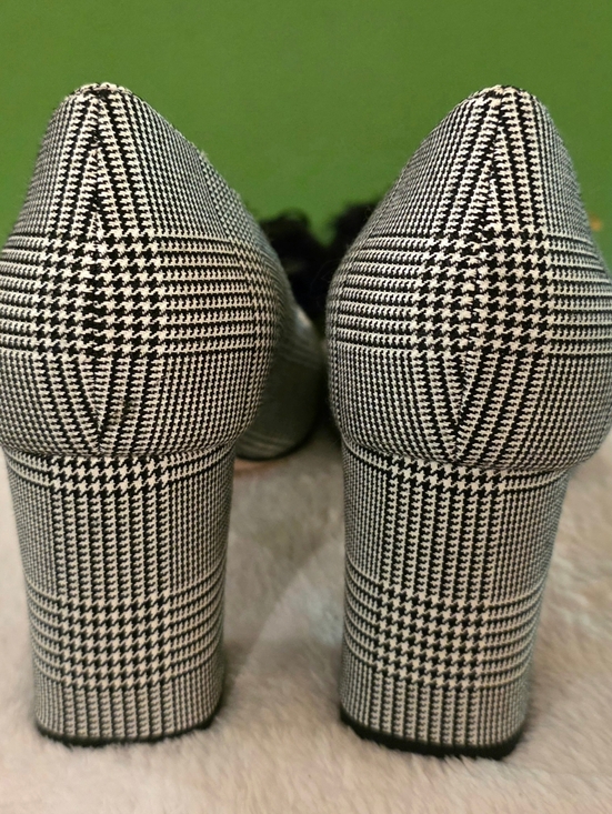 kate spade Black & White Plaid Block Heel Pumps with Black Pom